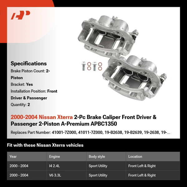 2000-2004 Nissan Xterra 2-Pc Brake Caliper Front Driver & Passenger 2-Piston A-Premium APBC1350