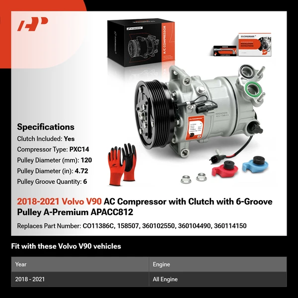 2018-2021 Volvo V90 AC Compressor with Clutch with 6-Groove Pulley A-Premium APACC812