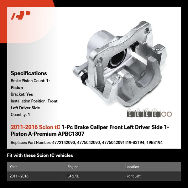 2011-2016 Scion tC 1-Pc Brake Caliper Front Left Driver Side 1-Piston A-Premium APBC1307