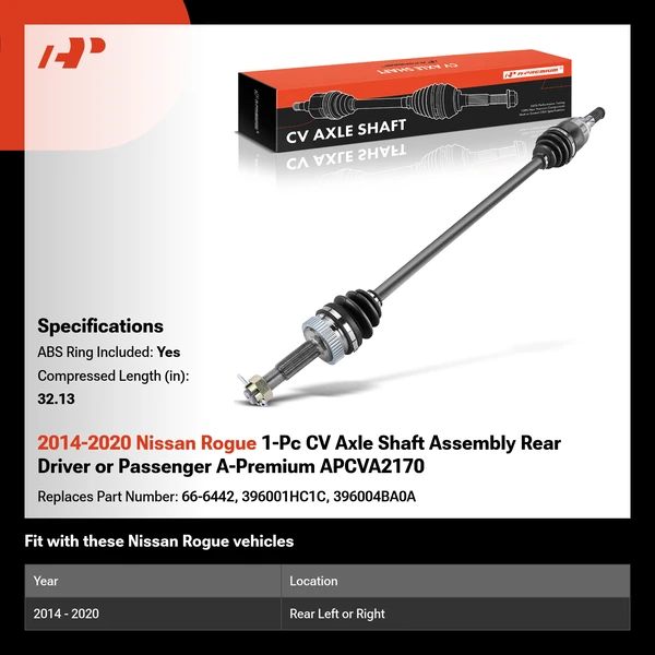 2014-2020 Nissan Rogue 1-Pc CV Axle Shaft Assembly Rear Driver or Passenger A-Premium APCVA2170
