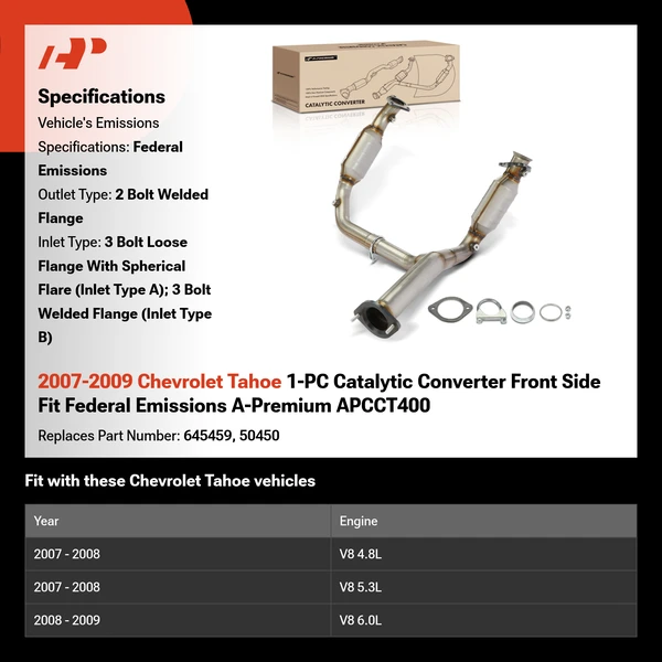 2007-2009 Chevrolet Tahoe 1-PC Catalytic Converter Front Side Fit Federal Emissions A-Premium APCCT400