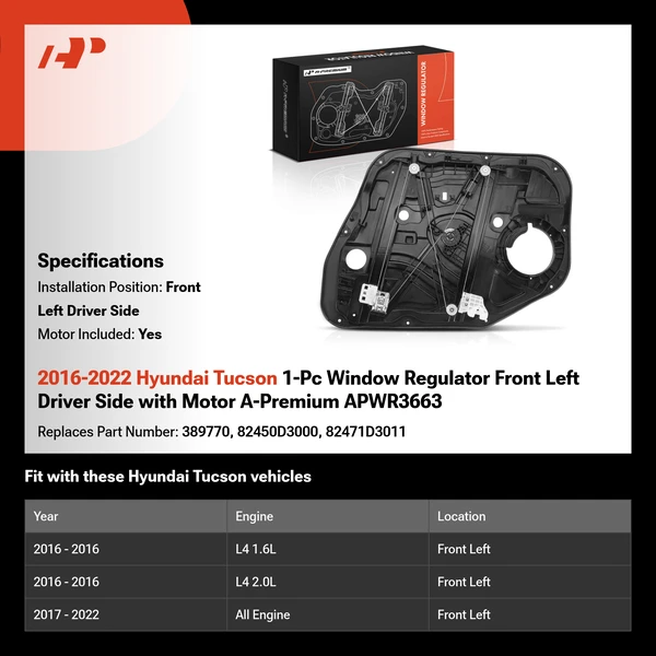 2016-2022 Hyundai Tucson 1-Pc Window Regulator Front Left Driver Side with Motor A-Premium APWR3663