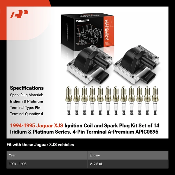 1994-1995 Jaguar XJS Ignition Coil and Spark Plug Kit Set of 14 Iridium & Platinum Series, 4-Pin Terminal A-Premium APIC0895