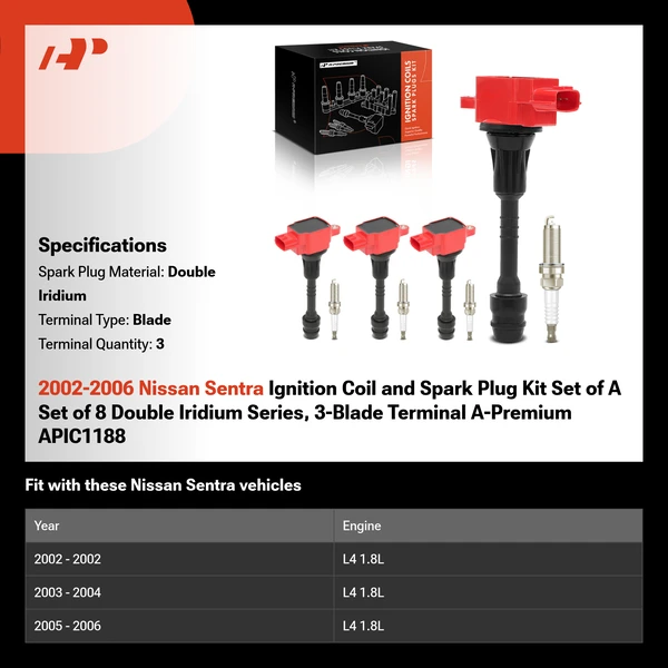 2002-2006 Nissan Sentra Ignition Coil and Spark Plug Kit Set of A Set of 8 Double Iridium Series, 3-Blade Terminal A-Premium APIC1188