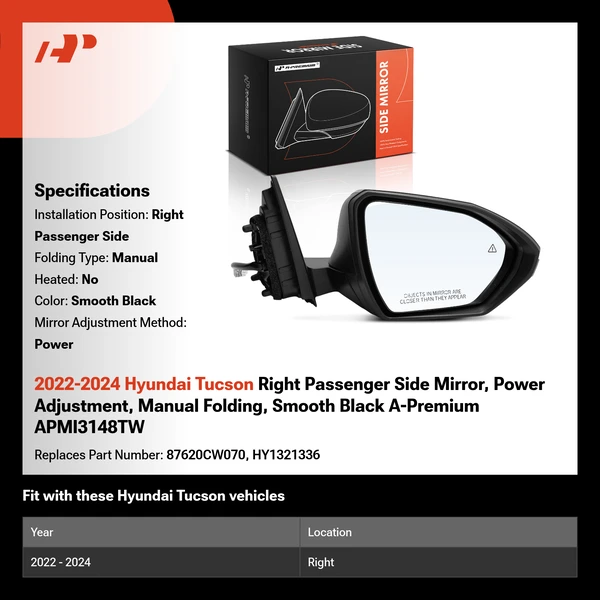 2022-2024 Hyundai Tucson Right Passenger Side Mirror, Power Adjustment, Manual Folding, Smooth Black A-Premium APMI3148TW