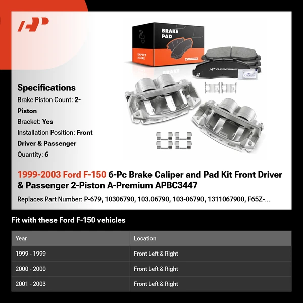 1999-2003 Ford F-150 6-Pc Brake Caliper and Pad Kit Front Driver & Passenger 2-Piston A-Premium APBC3447