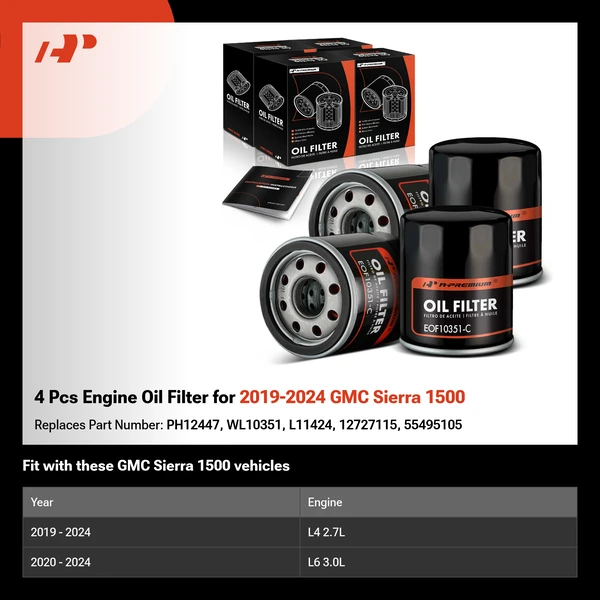 4 Pcs Engine Oil Filter for 2019-2024 GMC Sierra 1500