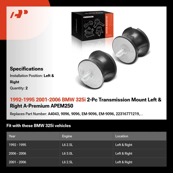 1992-1995 2001-2006 BMW 325i 2-Pc Transmission Mount Left & Right A-Premium APEM250