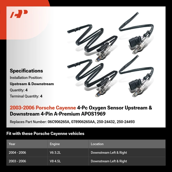 2003-2006 Porsche Cayenne 4-Pc Oxygen Sensor Upstream & Downstream 4-Pin A-Premium APOS1969