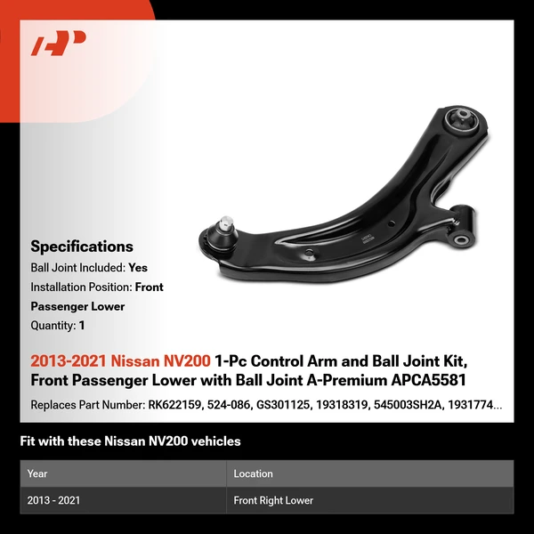 2013-2021 Nissan NV200 1-Pc Control Arm and Ball Joint Kit, Front Passenger Lower with Ball Joint A-Premium APCA5581