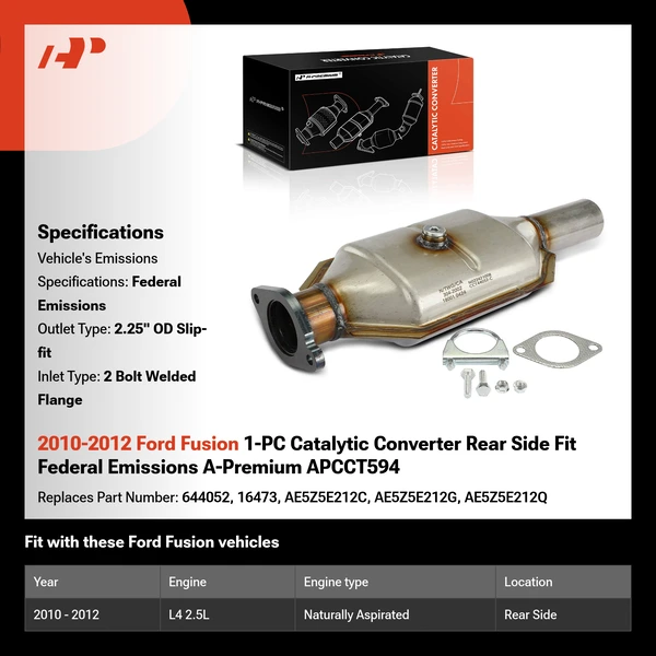 2010-2012 Ford Fusion 1-PC Catalytic Converter Rear Side Fit Federal Emissions A-Premium APCCT594