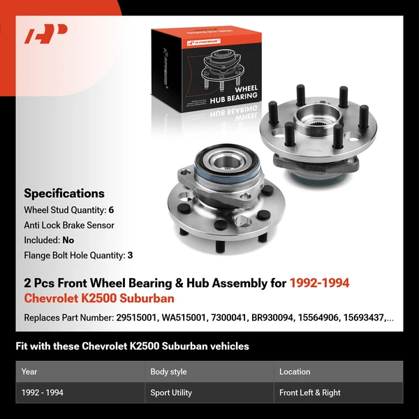 2 Pcs Front Wheel Bearing & Hub Assembly for 1992-1994 Chevrolet K2500 Suburban