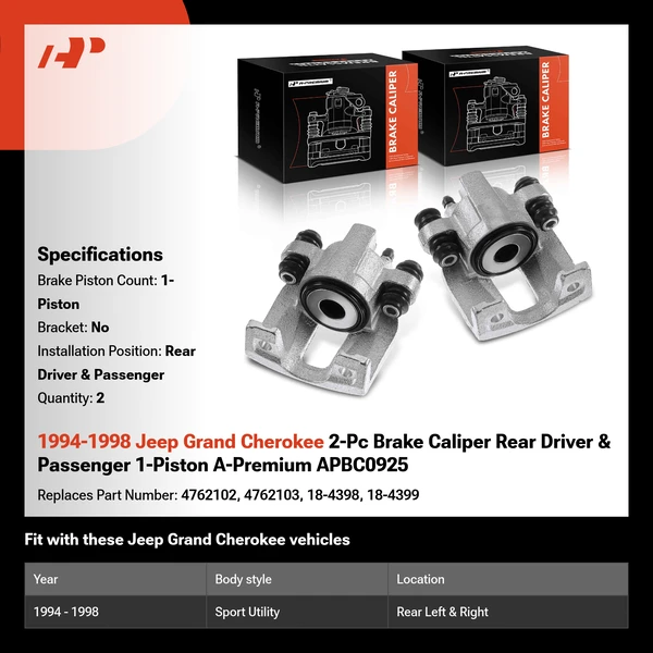 1994-1998 Jeep Grand Cherokee 2-Pc Brake Caliper Rear Driver & Passenger 1-Piston A-Premium APBC0925