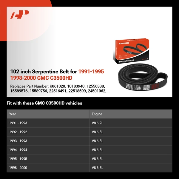 102 inch Serpentine Belt for 1991-1995 1998-2000 GMC C3500HD