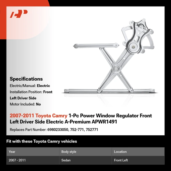 2007-2011 Toyota Camry 1-Pc Power Window Regulator Front Left Driver Side Electric A-Premium APWR1491