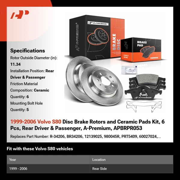 1999-2006 Volvo S80 Disc Brake Rotors and Ceramic Pads Kit, 6 Pcs, Rear Driver & Passenger, A-Premium, APBRPR053