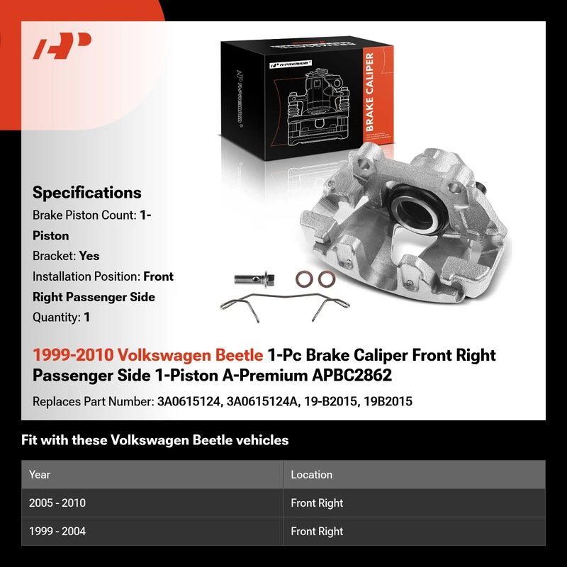 1999-2010 Volkswagen Beetle 1-Pc Brake Caliper Front Right Passenger Side 1-Piston A-Premium APBC2862