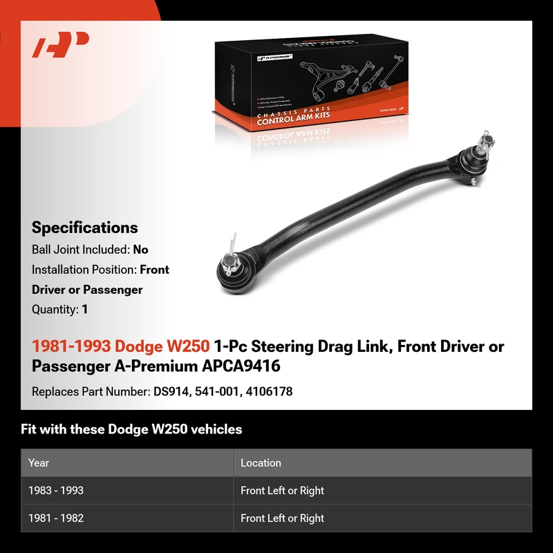 1981-1993 Dodge W250 1-Pc Steering Drag Link, Front Driver or Passenger A-Premium APCA9416