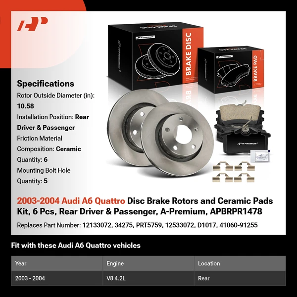 2003-2004 Audi A6 Quattro Disc Brake Rotors and Ceramic Pads Kit, 6 Pcs, Rear Driver & Passenger, A-Premium, APBRPR1478