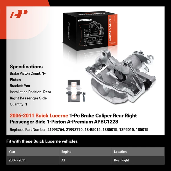 2006-2011 Buick Lucerne 1-Pc Brake Caliper Rear Right Passenger Side 1-Piston A-Premium APBC1223