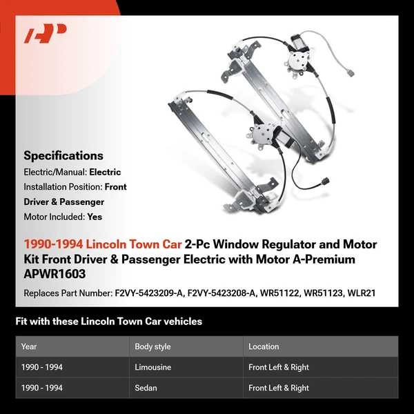 1990-1994 Lincoln Town Car 2-Pc Window Regulator and Motor Kit Front Driver & Passenger Electric with Motor A-Premium APWR1603
