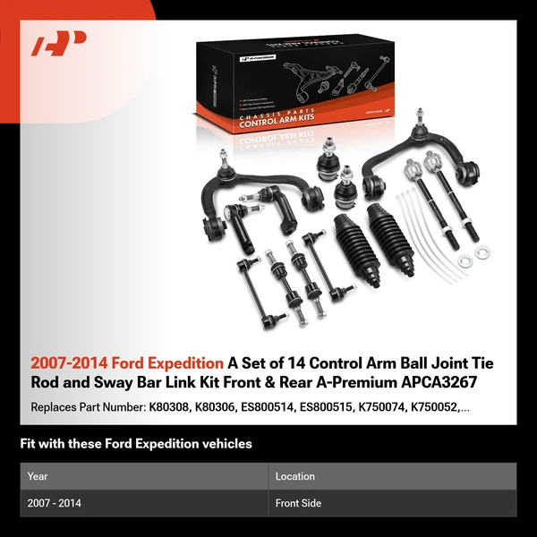 2007-2014 Ford Expedition A Set of 14 Control Arm Ball Joint Tie Rod and Sway Bar Link Kit Front & Rear A-Premium APCA3267