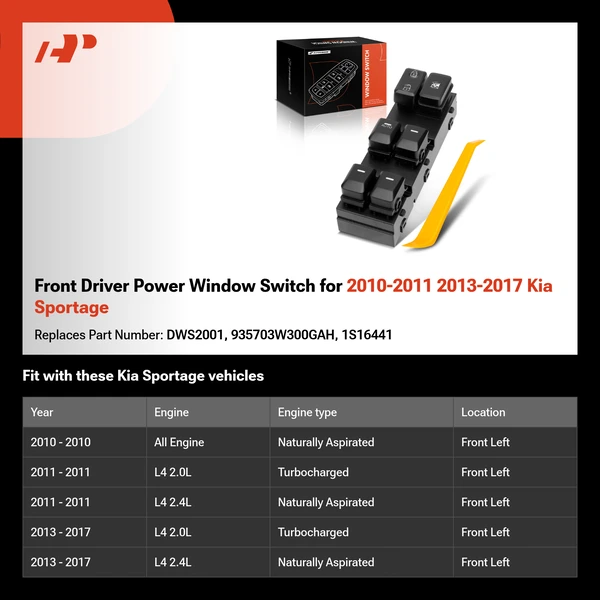 Front Driver Power Window Switch for 2010-2011 2013-2017 Kia Sportage