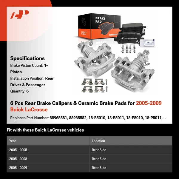 6 Pcs Rear Brake Calipers & Ceramic Brake Pads for 2005-2009 Buick LaCrosse
