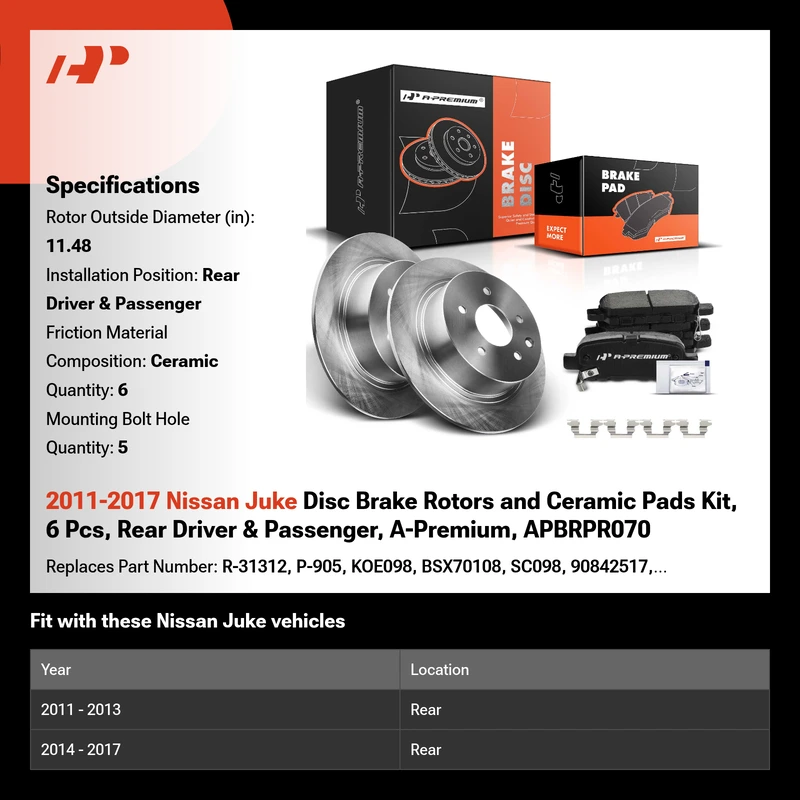 2011-2017 Nissan Juke Disc Brake Rotors and Ceramic Pads Kit, 6 Pcs, Rear Driver & Passenger, A-Premium, APBRPR070