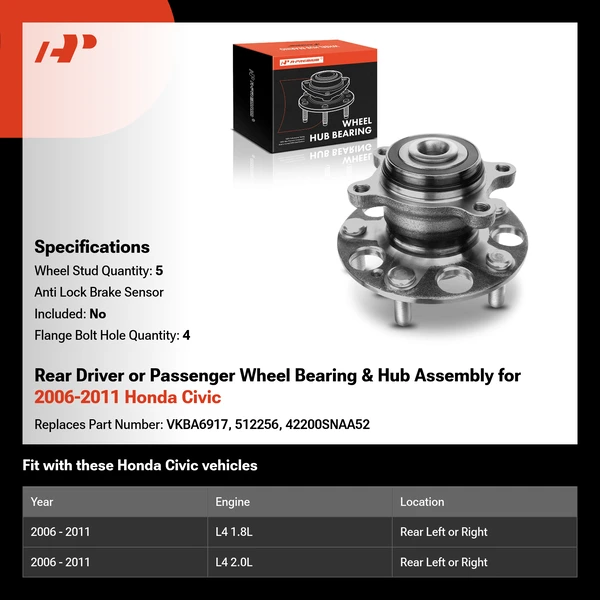Rear Driver or Passenger Wheel Bearing & Hub Assembly for 2006-2011 Honda Civic