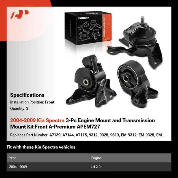 2004-2009 Kia Spectra 3-Pc Engine Mount and Transmission Mount Kit Front A-Premium APEM727