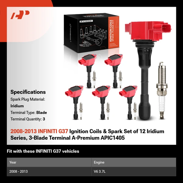 2008-2013 INFINITI G37 Ignition Coils & Spark Set of 12 Iridium Series, 3-Blade Terminal A-Premium APIC1405