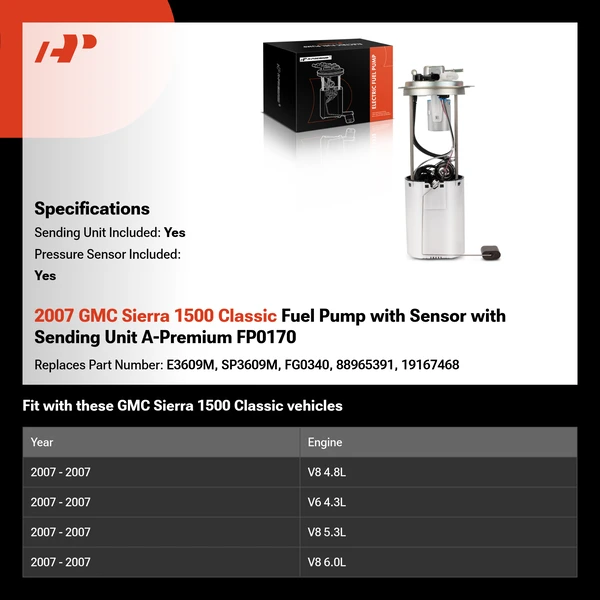 2007 GMC Sierra 1500 Classic Fuel Pump with Sensor with Sending Unit A-Premium FP0170