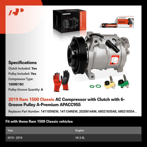 2019 Ram 1500 Classic AC Compressor with Clutch with 6-Groove Pulley A-Premium APACC955