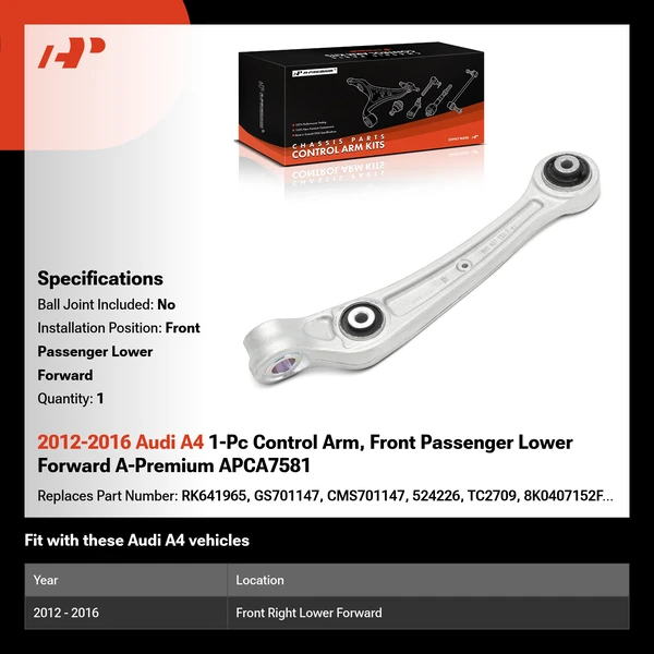2012-2016 Audi A4 1-Pc Control Arm, Front Passenger Lower Forward A-Premium APCA7581