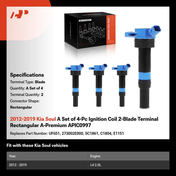 2012-2019 Kia Soul A Set of 4-Pc Ignition Coil 2-Blade Terminal Rectangular A-Premium APIC0997