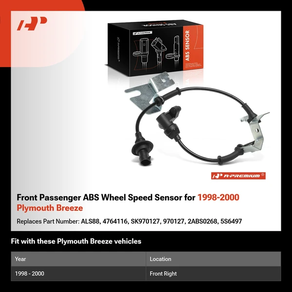 Front Passenger ABS Wheel Speed Sensor for 1998-2000 Plymouth Breeze
