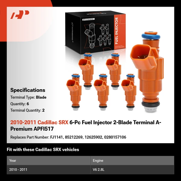 2010-2011 Cadillac SRX 6-Pc Fuel Injector 2-Blade Terminal A-Premium APFI517