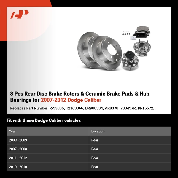 8 Pcs Rear Disc Brake Rotors & Ceramic Brake Pads & Hub Bearings for 2007-2012 Dodge Caliber
