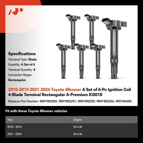 2010-2019 2021-2024 Toyota 4Runner A Set of 6-Pc Ignition Coil 4-Blade Terminal Rectangular A-Premium IC0018