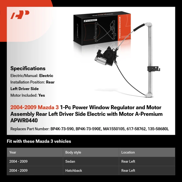 2004-2009 Mazda 3 1-Pc Power Window Regulator and Motor Assembly Rear Left Driver Side Electric with Motor A-Premium APWR0440