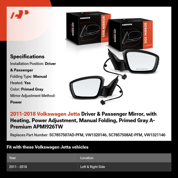 2011-2018 Volkswagen Jetta Driver & Passenger Mirror, with Heating, Power Adjustment, Manual Folding, Primed Gray A-Premium APMI926TW