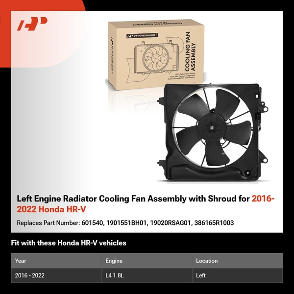 Left Engine Radiator Cooling Fan Assembly with Shroud for 2016-2022 Honda HR-V