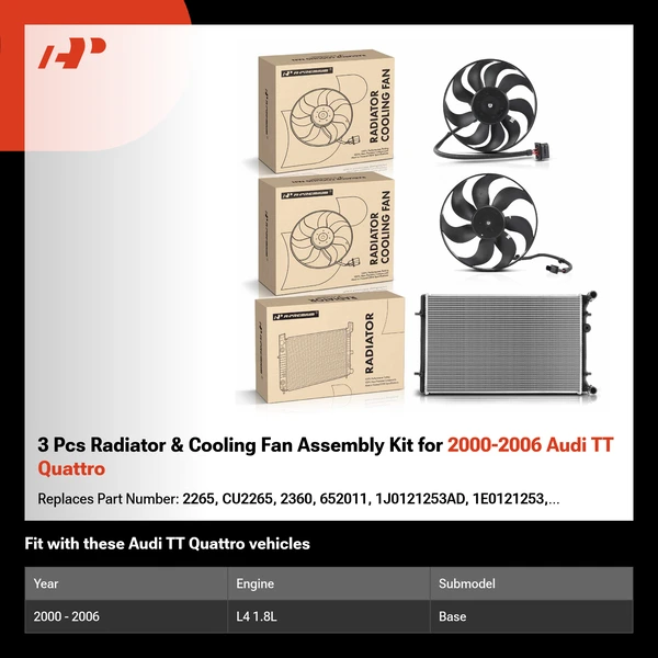 3 Pcs Radiator & Cooling Fan Assembly Kit for 2000-2006 Audi TT Quattro