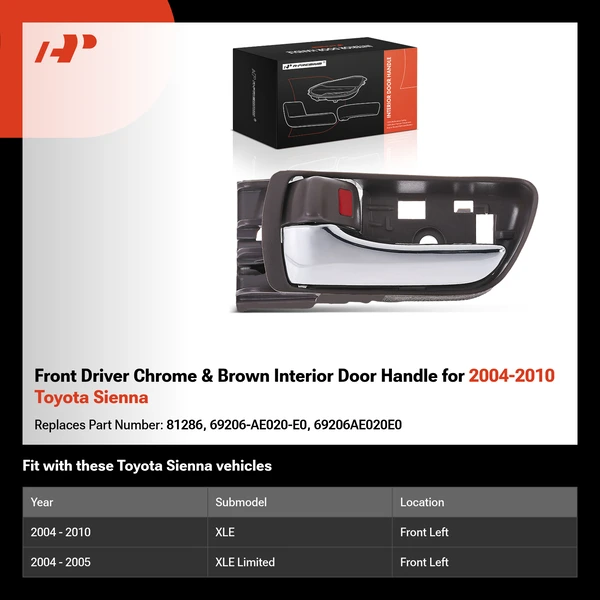 Front Driver Chrome & Brown Interior Door Handle for 2004-2010 Toyota Sienna