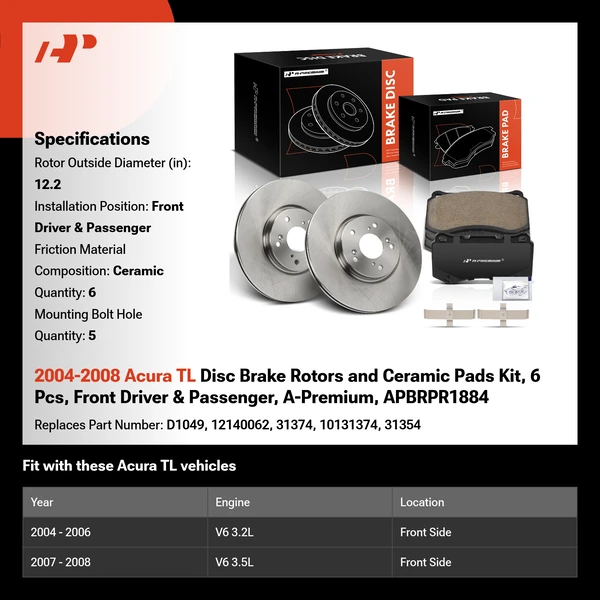 2004-2008 Acura TL Disc Brake Rotors and Ceramic Pads Kit, 6 Pcs, Front Driver & Passenger, A-Premium, APBRPR1884