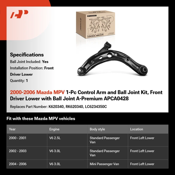 2000-2006 Mazda MPV 1-Pc Control Arm and Ball Joint Kit, Front Driver Lower with Ball Joint A-Premium APCA0428
