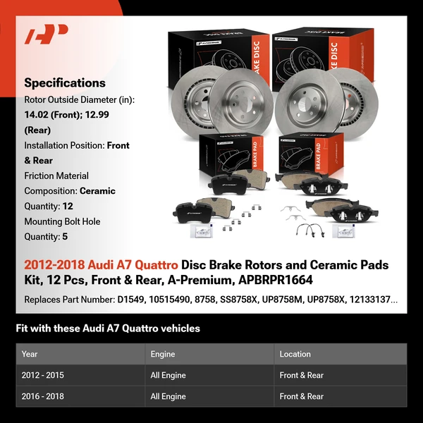 2012-2018 Audi A7 Quattro Disc Brake Rotors and Ceramic Pads Kit, 12 Pcs, Front & Rear, A-Premium, APBRPR1664