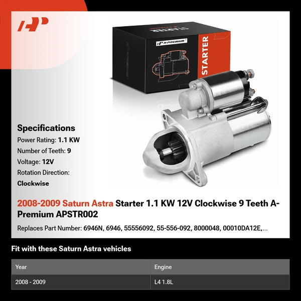 2008-2009 Saturn Astra Starter 1.1 KW 12V Clockwise 9 Teeth A-Premium APSTR002