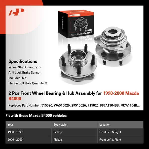 2 Pcs Front Wheel Bearing & Hub Assembly for 1998-2000 Mazda B4000